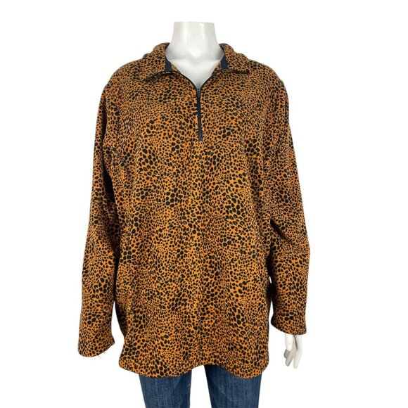Lands End 1/4 Zip Cheetah Print Fleece Pullover Womens 1X Brown Long Sleeve - Picture 1 of 8